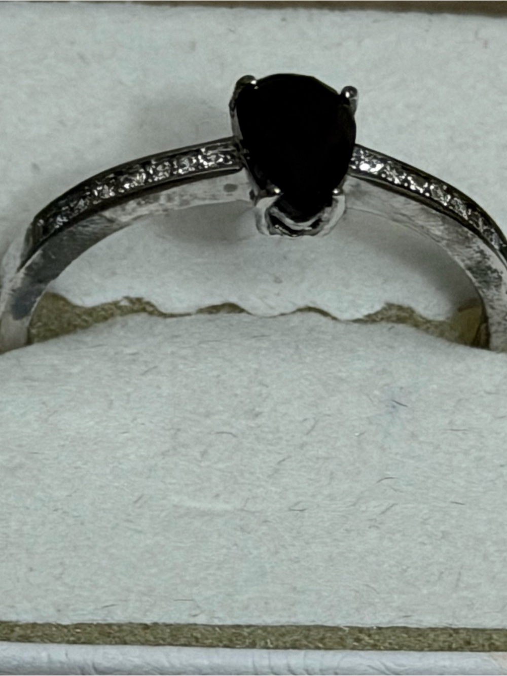 Sterling Silver Black Teardrop Stone Ring with Pavé Accents